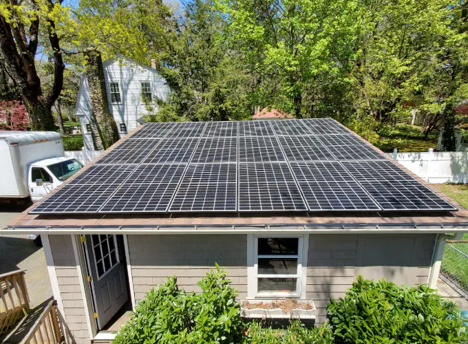 C and L Solar garage rooftop installation 9.2kW in Massachusetts